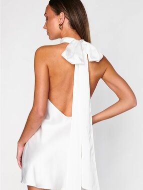 Show Me Your MuMu White Satin Backless Halter Mini Dress with Bow Tie